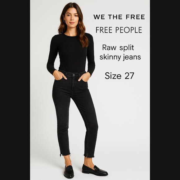 Free People We the Free, Skinny Ankle Jeans, Black, Split Raw Hem, Size 27 - Picture 1 of 13